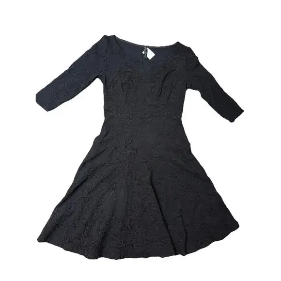 Elana Kattan Dain 3/4 Sleeve Scoop Neck Trapeze Black Dress, Size M Lagenlook - Picture 3 of 8
